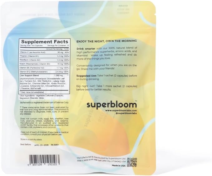 superbloom Recovery Liver Support - 2 Pack | Liver Detox with DHM Turmeric Milk Thistle | 10 Sachets 20 Capsules | Enjoy The Night Own The Morning