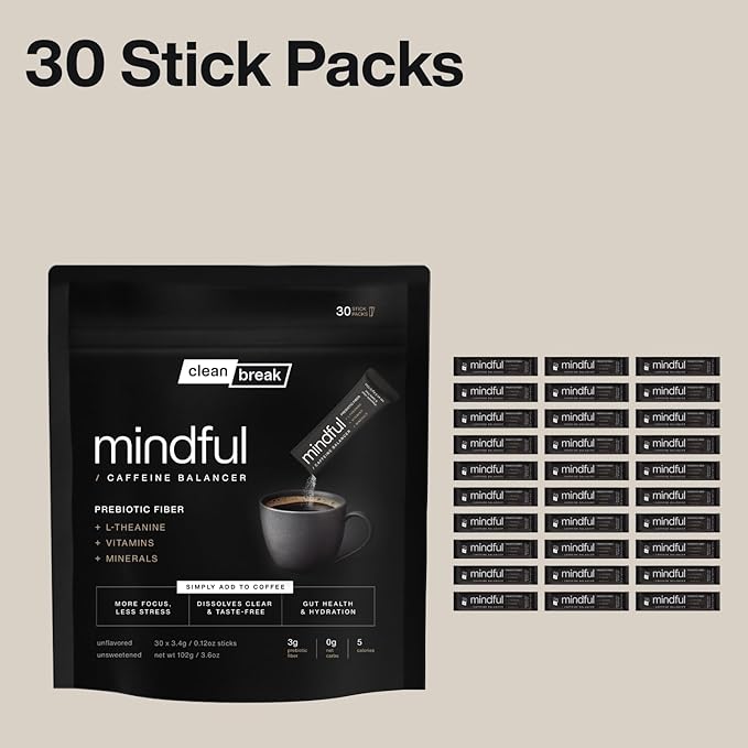 Mindful Tasteless Prebiotic Fiber for Your Coffee - Enhanced with L-Theanine Magnesium B Vitamins - Dissolves Clear &amp Taste-Free - Unflavored Unsweetened (30 Count)