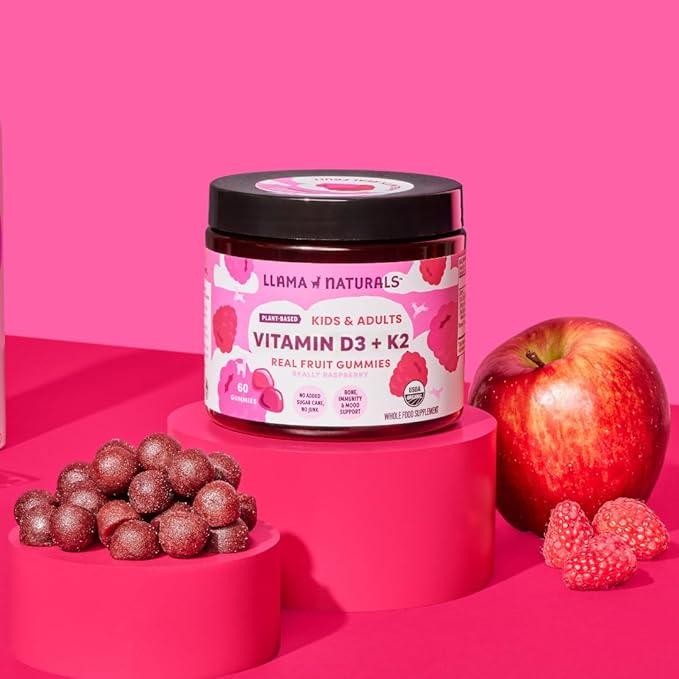 Llama Naturals Vitamin D3 K2 Gummies for Adults and Kids Vegan Organic Vitamin D Gummies Real Fruit Gummy Vitamins No Added Sugar Cane Raspberry 120 Ct