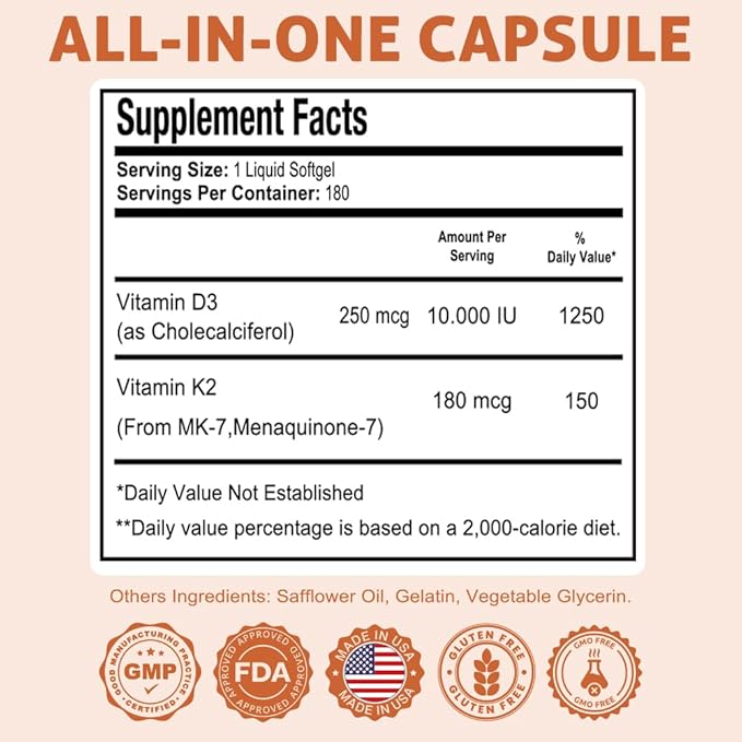 Health Dose Vitamin D3 10000 IU + K2 (MK7) Supplement 2-in-1 Formula Immune Support a Healthy Mood Heart Joint Teeth Bone Health Calcium Absorption 180 softgels. (2)