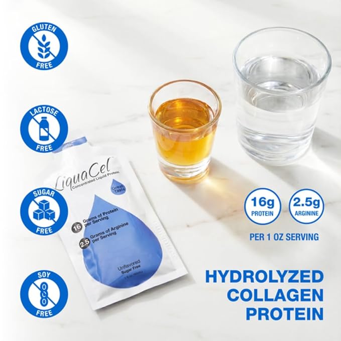 LiquaCel Concentrated Liquid Protein Unflavored 16g Hydrolyzed Collagen Protein and 2.5g Arginine Per Single-Serving Packet Sugar &amp Gluten Free 1fl oz Packets 100ct Case
