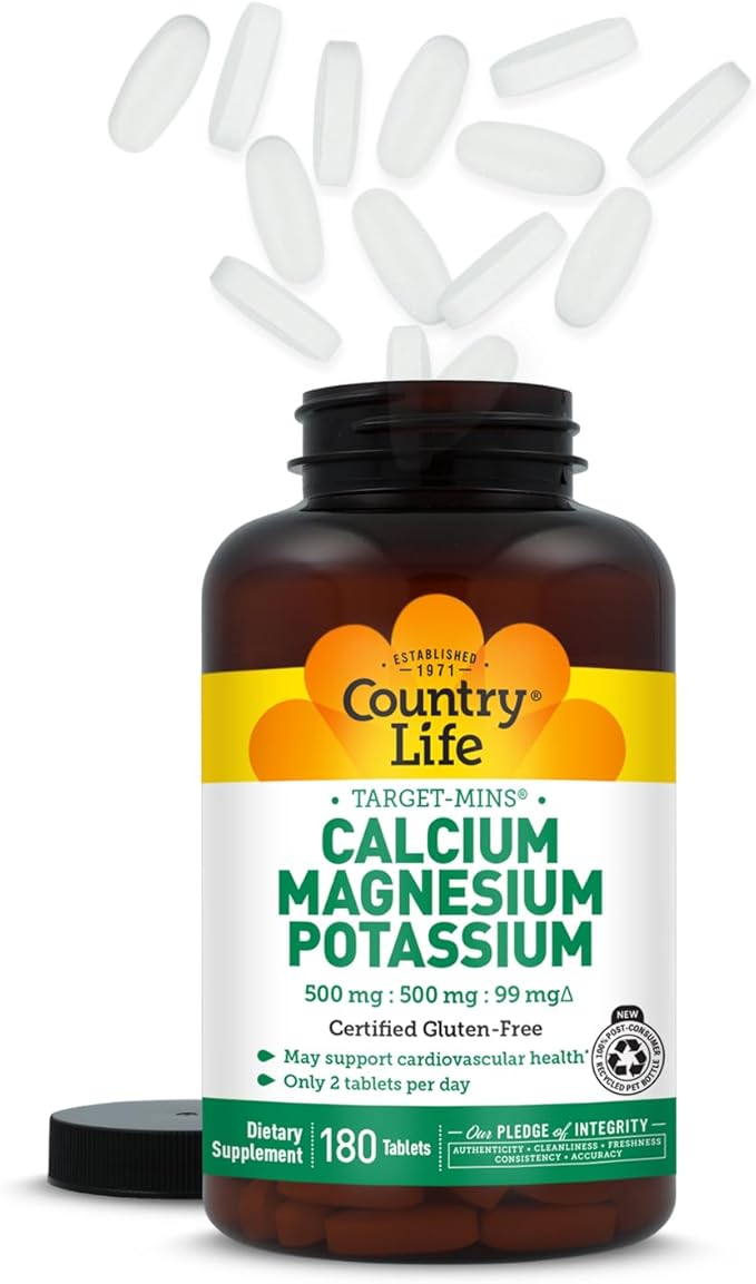 Country Life Target Mins - Calcium Magnesium Potassium Bone &amp Heart Health Supplement 1000mg Calcium 500mg Magnesium Supports Calcium Utilization 180 Tablets – Certified Gluten Free &amp Vega