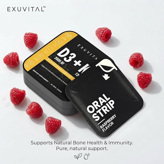 Vitamin D3 + K2 Oral Strips – 30 Count | 100% Natural Gluten‑Free | Immunity Support &amp Bone Health | Fast‑Dissolving Raspberry Strips for Daily Wellness