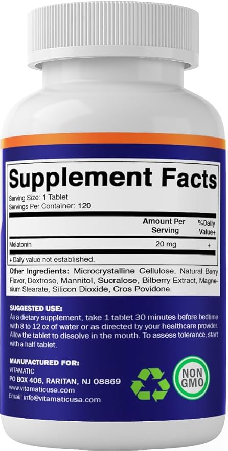 Vitamatic Melatonin 20 mg Tablets | Vegetarian Non-GMO Gluten Free | HIGH Potency 20 MG | Natural Berry Flavor (1/2 Tablets = Melatonin 10 mg) (120 Count (Pack of 3))