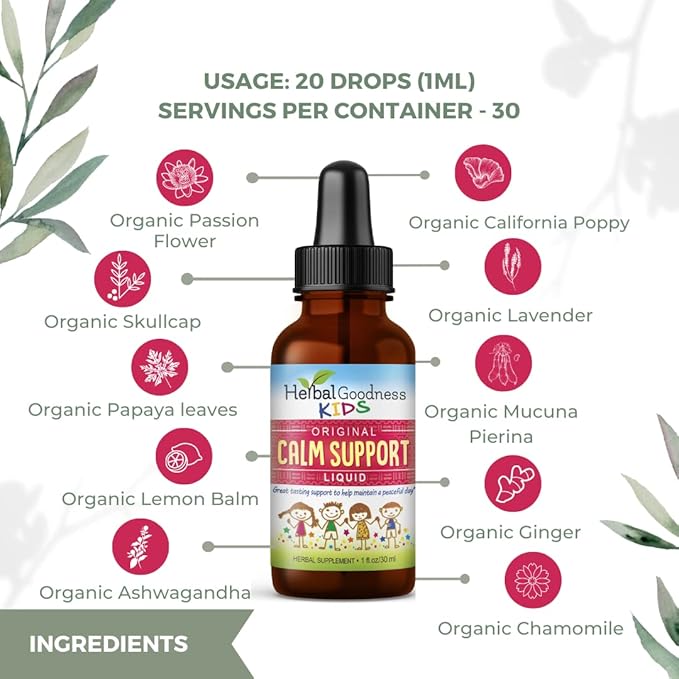 Herbal Papaya Kids Calm Support Liquid Extract 1oz with Magnesium Glycinate Magnesium Citrate Kids Multivitamin - Magnesium for Kids - 1oz Bottle 12 Units