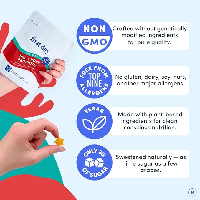 FIRST DAY Toddler Tribiotic Gummies (Ages 2-3) | Kids Probiotic Gummies | 3 in 1 Pre + Pro + Postbiotics for Kids Digestive &amp Immune Health - Kiwi 60 Counts (30 Days Supply)