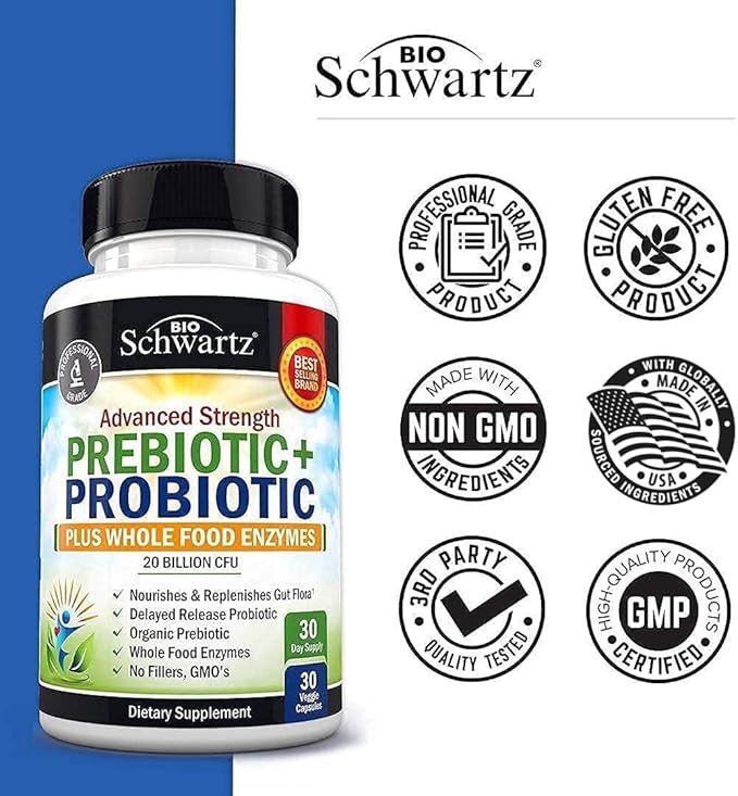 Super Greens Powder with Probiotics Prebiotics and Digestive Enzymes (30 Servings) Plus Advanced Strength Pre and Probiotics Supplement with Digestive Enzymes (1 Month Supply)