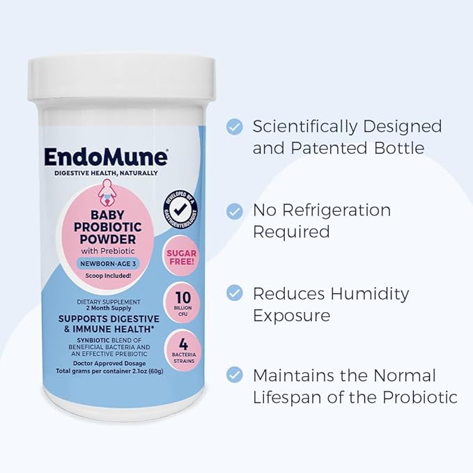 Endomune Jr Advanced Probiotic Powder for Newborns Infants Toddlers &amp Baby - 10 Billion CFUs - 4 Strains Bacteria &amp FOS Prebiotic - Physician Formulated - 60 Day Supply