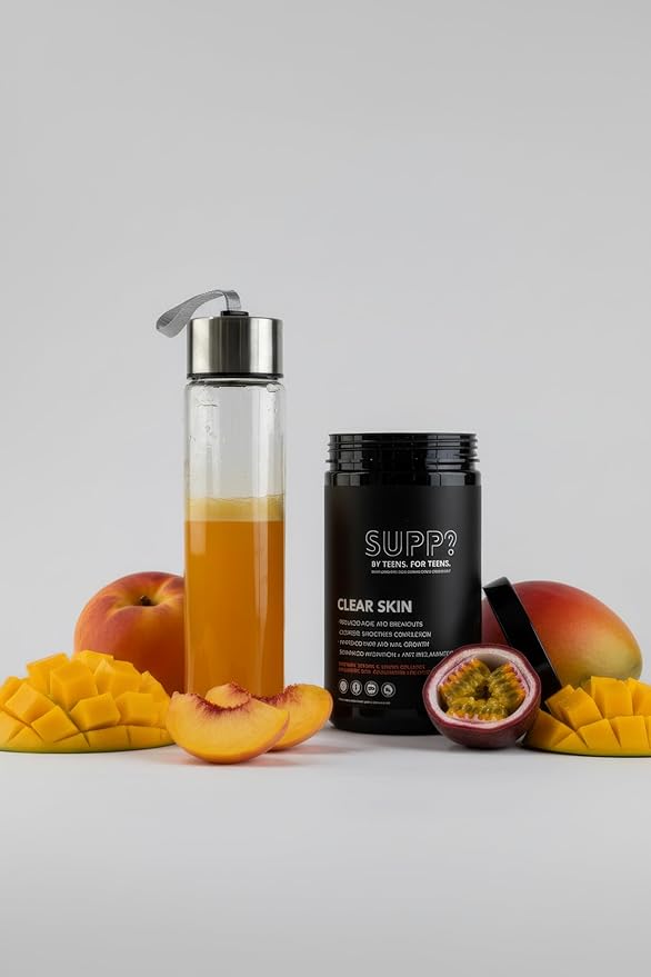 SUPP? Clear Skin Powder for Teens — Supports Complexion Hair &amp Nail Health — Collagen Zinc Vitamin C Probiotics — Tropical Peach Paradise — 30 Servings