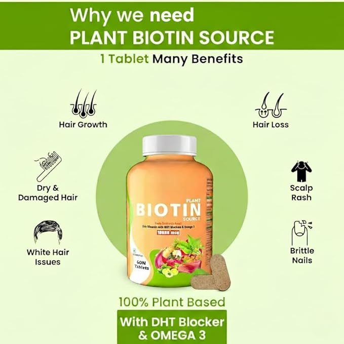 Plant Based Biotin Tablets with High Protein Vitamin DHT Omega 3 for Strong Hairs Nails Growth &amp Glowing Skin - 60 Tablets