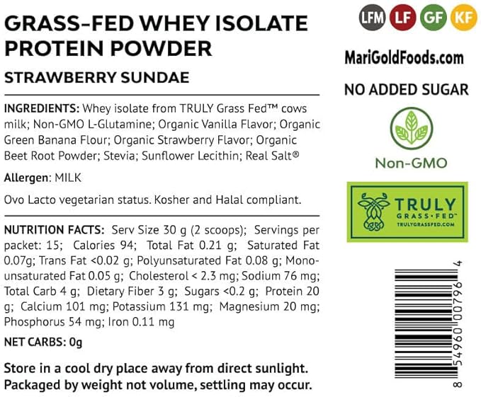 MariGold Grass-fed Whey Protein Isolate Powder - Strawberry Sundae Flavor - 1 Lb Bag | 100% Pure Cold-Processed Micro-Filtered Undenatured Non-GMO rBGH Free Soy Free Gluten Free Lactose Free