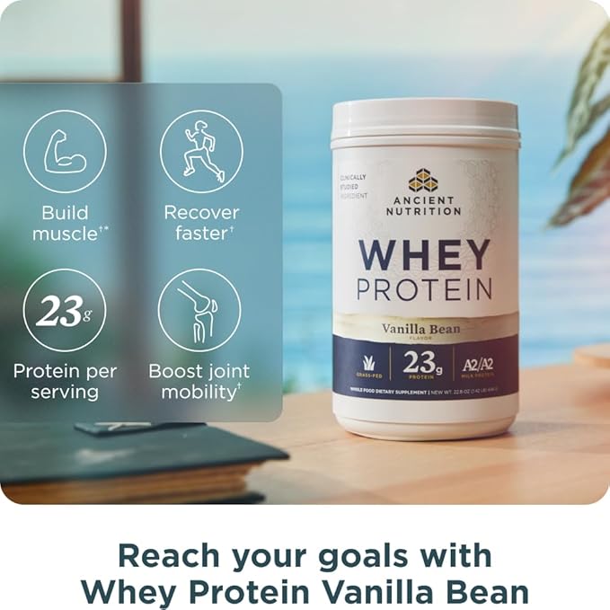 Ancient Nutrition Grass Fed Whey Protein Vanilla Bean 23g Protein 20 Servings Hydrolyzed Collagen Peptides Organic Regenerative A2/A2 Milk Protein