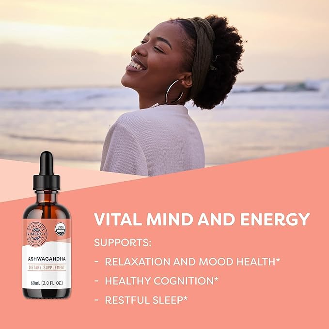 Vimergy USDA Organic Ashwagandha Liquid Extract 27 Servings –Stress Supplement Drops – Adaptogen - Supports Cognitive Function – Sleep Support – Alcohol-Free Non-GMO Vegan &amp Paleo Friendly (55