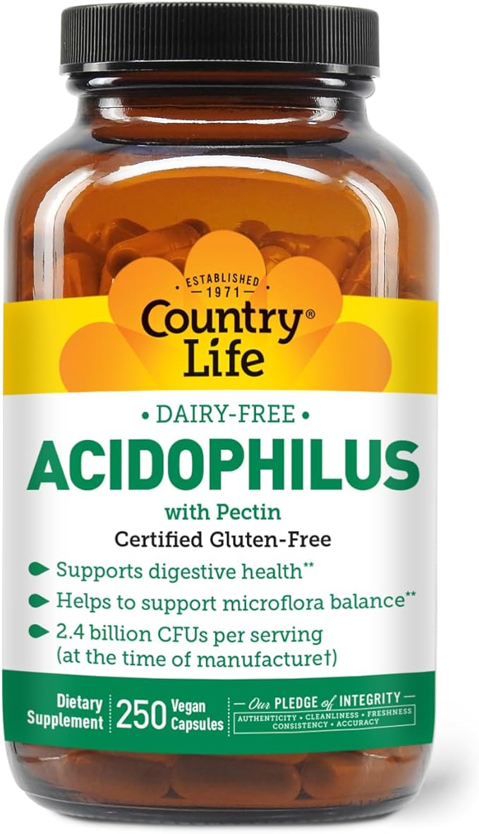 Country Life Acidophilus Probiotic Supplement for Women &amp Men - Free from Common Allergens - 2.4 Billion CFUs to Support Digestive Health - Dairy-Free Non-GMO 250 Vegan Capsules