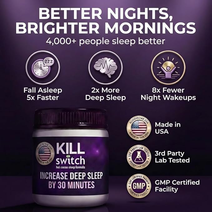 SWITCH Killswitch Sleep Aid for Adults – Fall Asleep Fast &amp Wake Refreshed Sugar-Free Hot Chocolate Supplement - Magnesium Tart Cherry L-Theanine &amp More for Restful Sleep 30 Servings Made