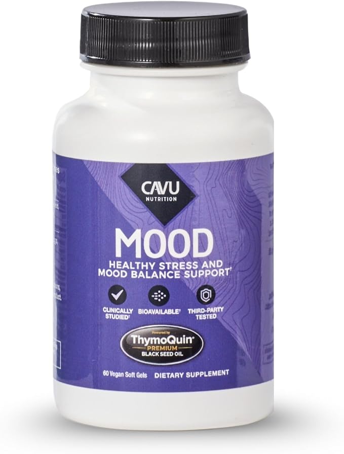 Mood Support Supplement with Full-Spectrum Cold Pressed Black Seed Oil with 3% Thymoquinone | Stress Emotional Balance &amp Serotonin Support Brain Supplement for Men &amp Women 60 Softgels