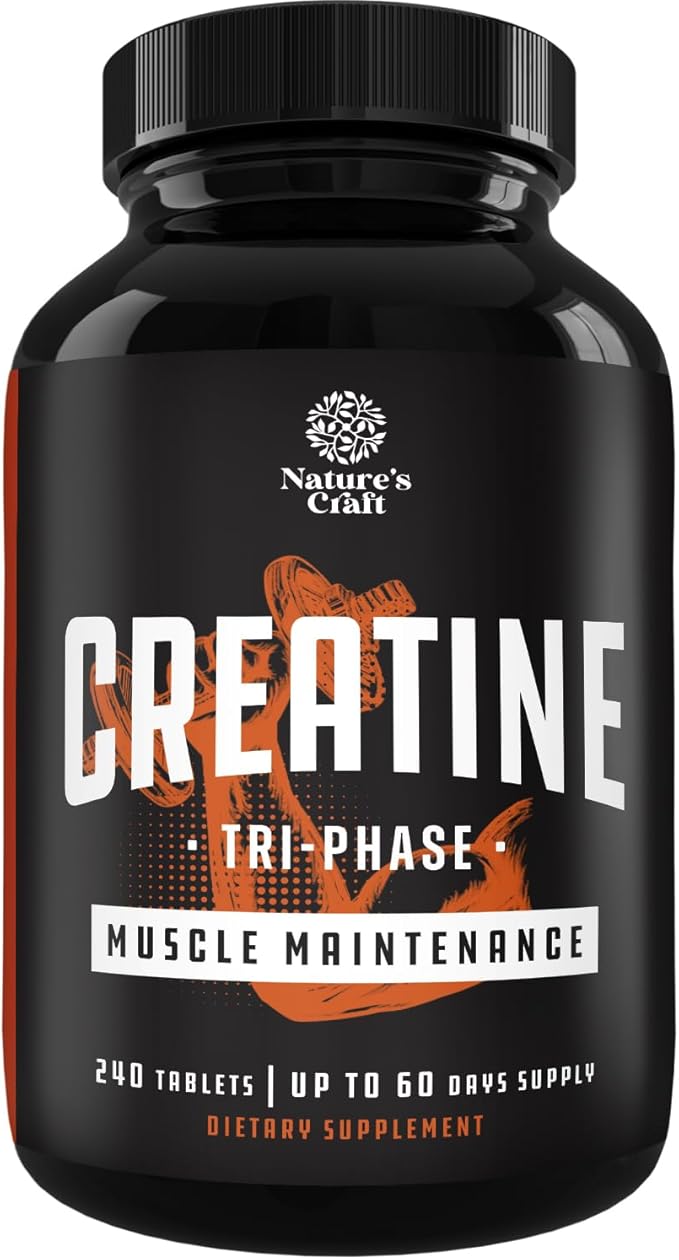 Natures Craft High Strength Tri Phase Creatine Tablets for Women &amp Men - Formula Blend of Creatine Monohydrate 300mg HCL &amp Pyruvate Supplement - Muscle Mass Gain &amp Recovery Supplement - 2