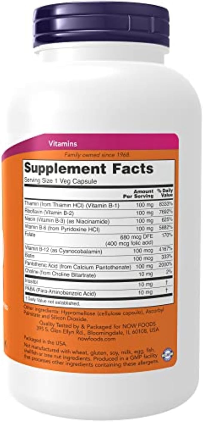 NOW Supplements Vitamin B-100 Energy Production* Nervous System Health* 250 Veg Capsules
