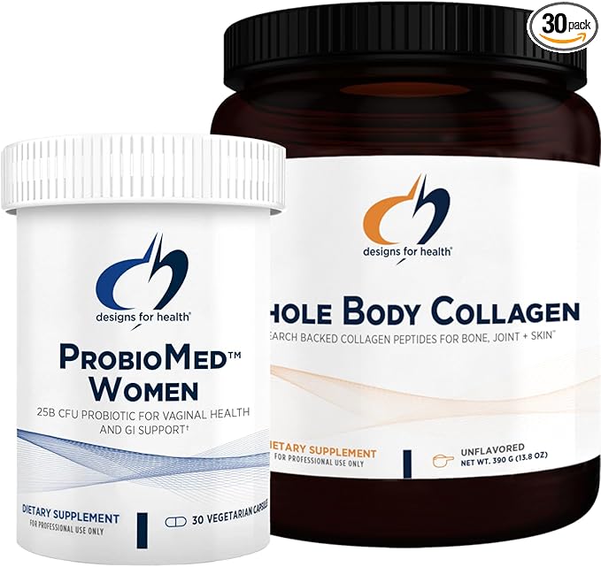 Designs for Health Collagen Powder &amp Women's Probiotic Bundle - ProbioMed Women (30 Capsules) Gut Health &amp Vaginal Support Probiotic with Whole Body Collagen (390g) Peptides for Bones Joint &