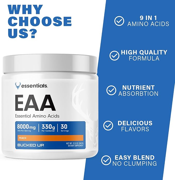 Bucked Up Essential Amino Acids - EAA Powder - Easy Mix Non Clumping Formula - for Pre/Intra Workout - Peach Flavor - 30 Servings - 11.6 oz