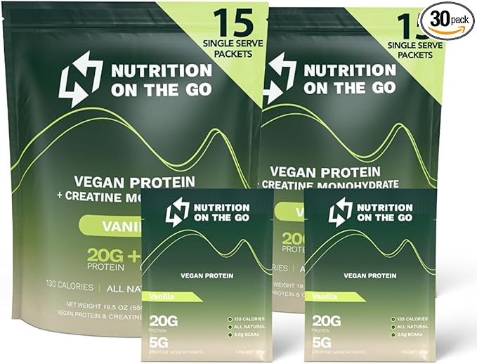 Nutrition On The Go Vegan Protein Powder Packets with Creatine – 20g Plant Proteins + 5g Creatine – Single-Serve Travel Protein Powder – All-Natural Gluten-Free – Vanilla – (30-Pack)