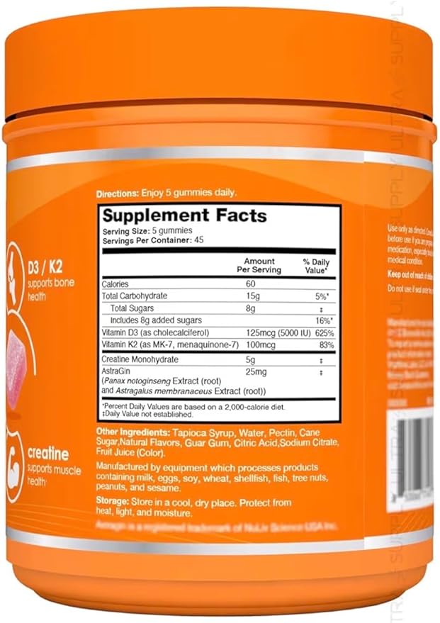 Creatine Monohydrate + D3 K2 Gummies (225 Count. Value Pack) - Muscle Bone &amp Performance Support - Watermelon Flavor - Goofy Turtle