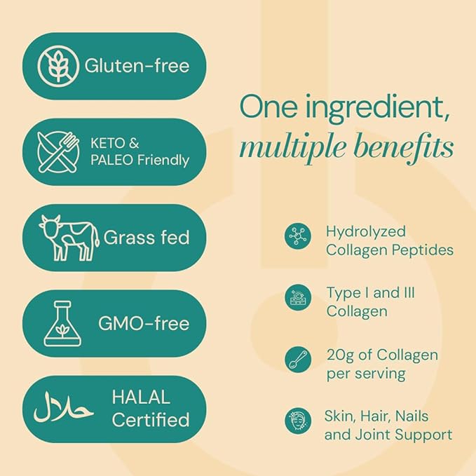 Collagen Peptides – Pure Hydrolyzed Type I Bovine Collagen Powder – Unflavored Grass-Fed Keto &amp Paleo Friendly Non-GMO Gluten-Free Protein for Skin Hair Nails &amp Joints – 16oz (1lb)