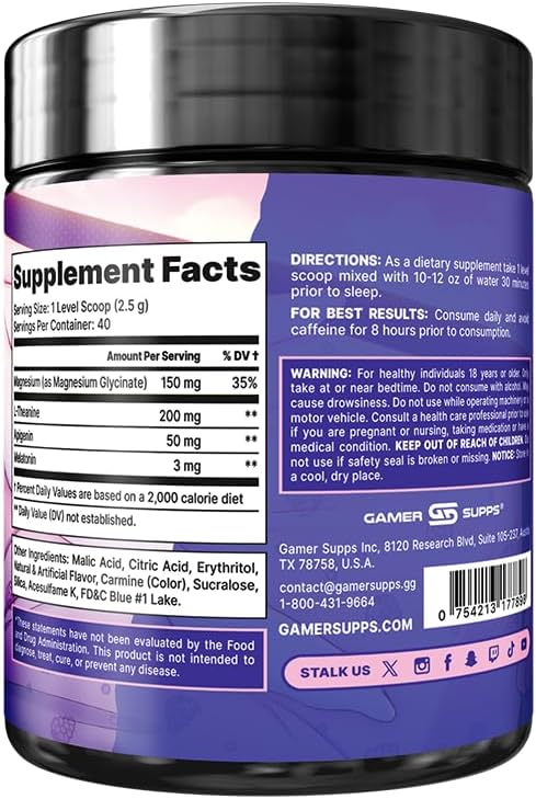Gamer Supps AFK+® (with Melatonin): Grape - 40 Servings - Keto Friendly Magnesium-Focused Sleep Support Supplement Apigenin Sugar Free