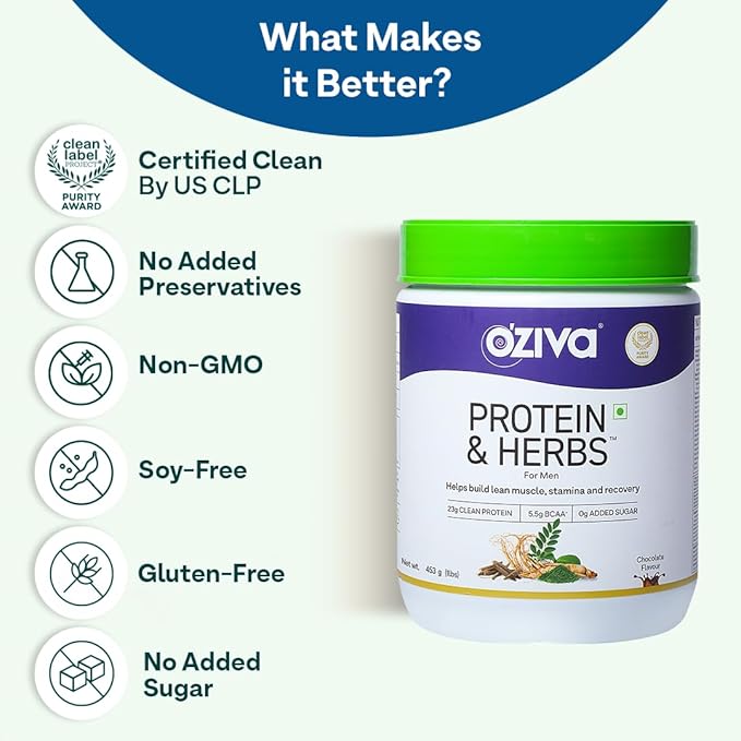 OZiva Protein &amp Herbs Men with MultivitaminsAshwagandhaBrahmiMaca Musli for Improved Stamina Lean Muscles &amp Recovery 1.1 lbs Cafe Mocha. Soy Free Gluten Free Non GMO