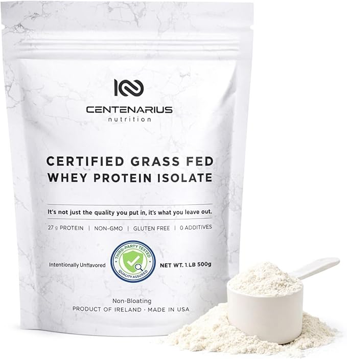 Premium Whey Protein Isolate Powder 500g Unflavored Irish Grass-Fed 27g Protein per Serving for Muscle Growth &amp Recovery Non-Bloating Gluten &amp Lactose Free Clean Ingredients | Centenarius N