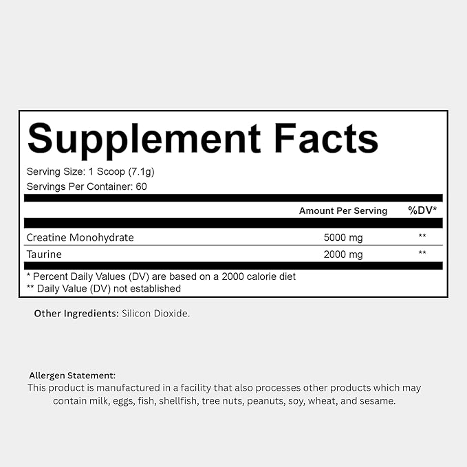 Creatine with Taurine for Women &amp Men - Unflavored Micronized Creatine Monohydrate Plus Taurine Powder to Support Muscle Strength Recovery &amp Brain Health (60 Servings)