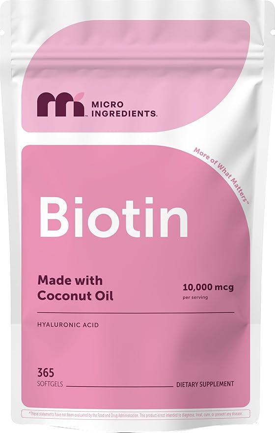 Micro Ingredients Biotin 10000 mcg with Hyaluronic Acid 25 mg Per Serving | Made with Coconut Oil | 365 Softgels | 1 Per Day | One Year Supply | Non-GMO &amp Gluten Free