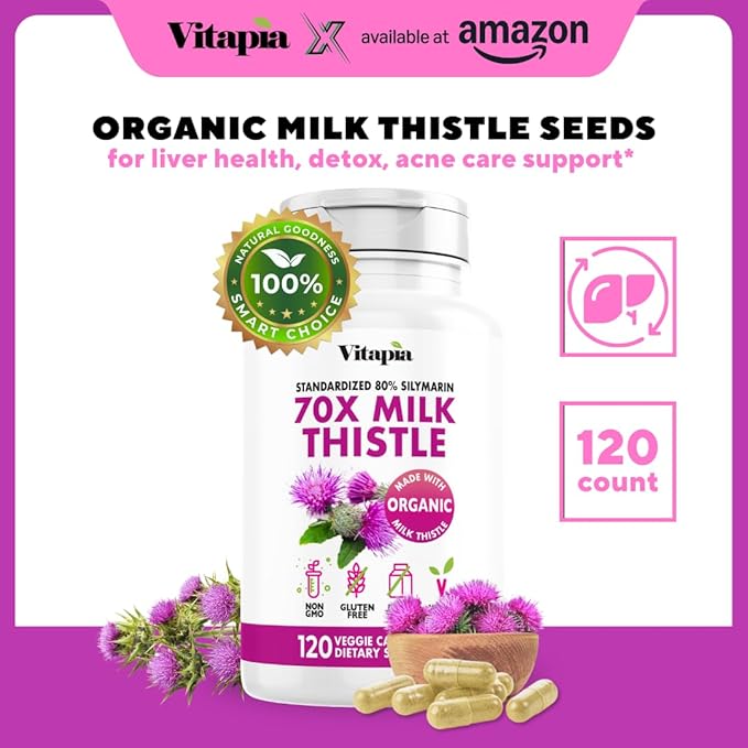 Vitapia Organic Milk Thistle Extract 70:1 Supplement - Liver Cleanse Detox &amp Repair Liver Health Support Antioxidants - 120 Vegan Capsules Non GMO Gluten Free