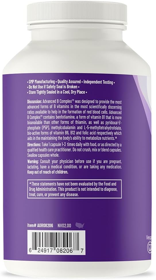 AOR Advanced B Complex 180 Vegetarian Capsules 60-180 Day Supply Full-Spectrum Vitamin B for Sustained Daily Vitality &amp Clarity