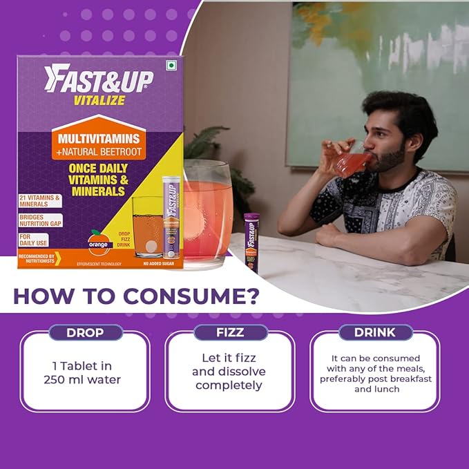 Fast &amp Up Vitalize Multivitamin Supplement - One Daily - 21 Vitamins and Minerals - Natural Beetroot Extract for Men and Women - 60 Effervescent Tablets - Orange Flavour