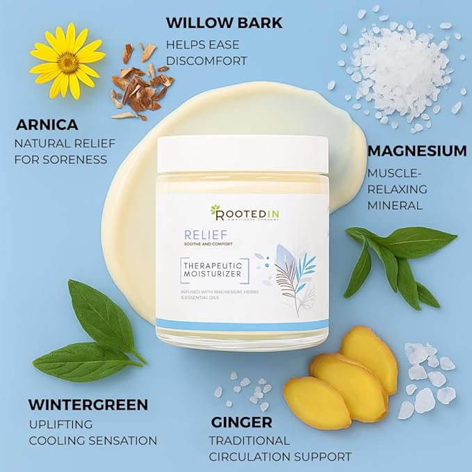 Rooted In Relief Magnesium Cream – 500mg Magnesium Chloride per Teaspoon – Enriched with Arnica Comfrey &amp Botanical Blend – Targeted Muscle Support &amp Topical Relaxation – 4 oz Glass Jar