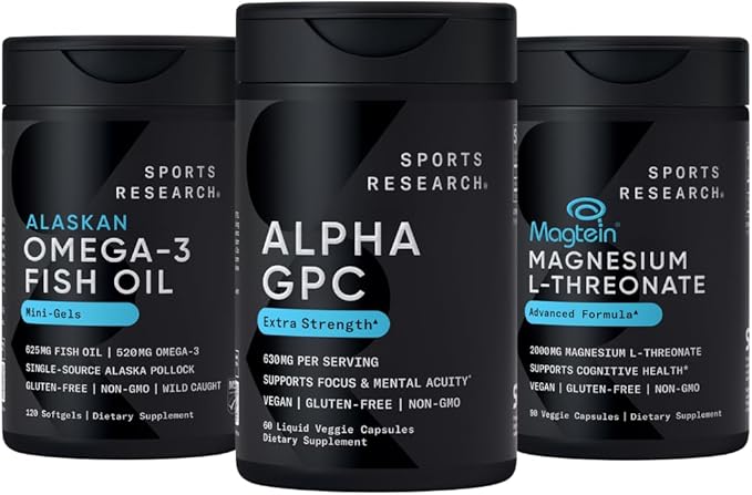 Sports Research® Brain Support Pack - Extra Strength Alpha GPC 630mg + Alaskan Omega-3 ­­Fish Oil Mini-Gels + High-Absorption Magtein® 2000mg