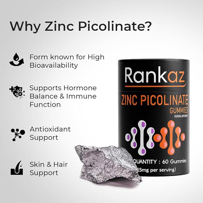 Zinc Gummies - Zinc Picolinate 15mg Highly Absorbable Supplement for Men and Women 60 Gummies