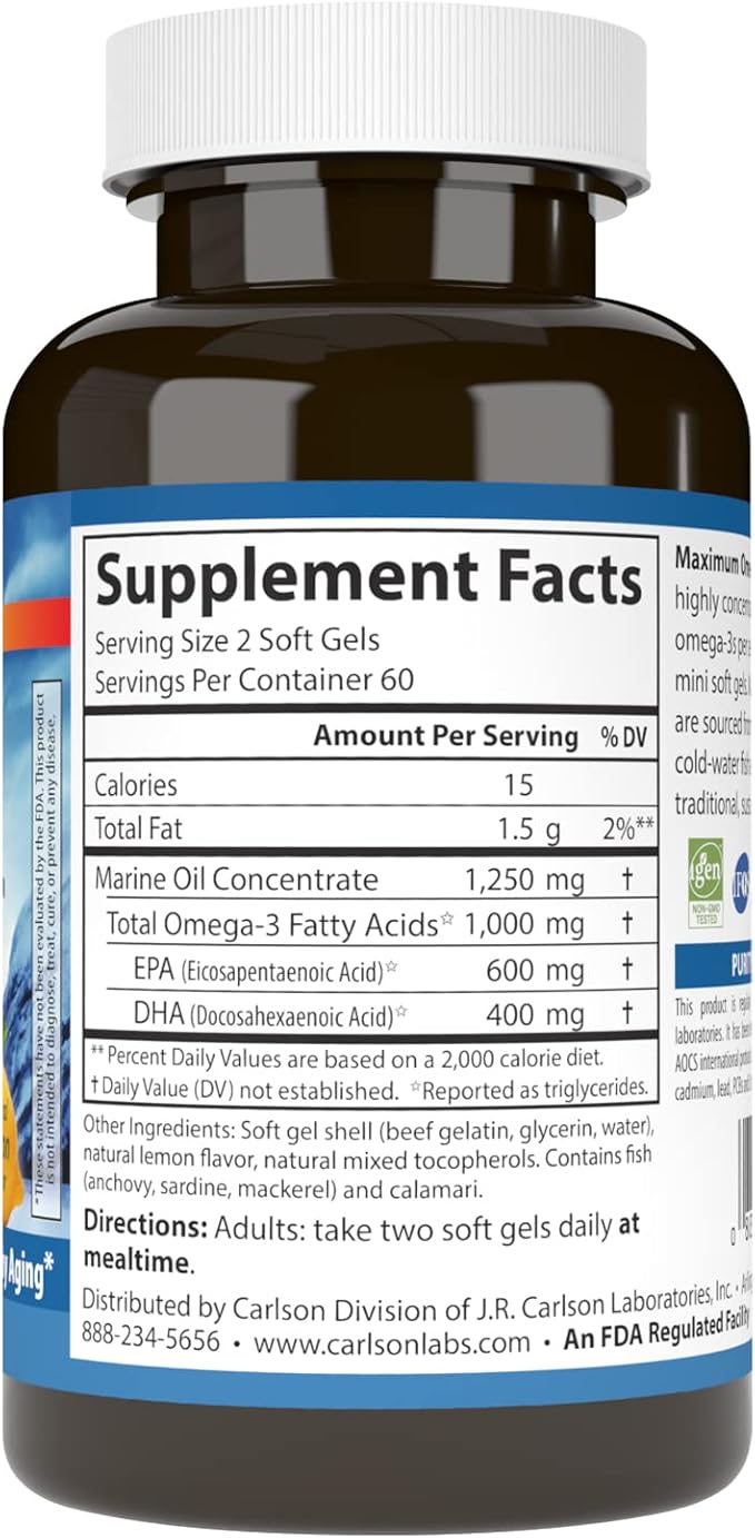 Carlson - Maximum Omega Minis 1000 mg Omega-3s Heart Function Brain Support &amp Healthy Aging Lemon 120 Mini Softgels