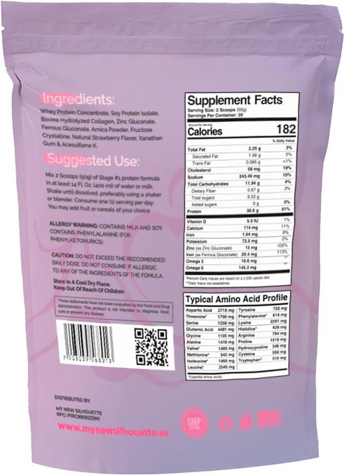 MI NUEVA SILUETA My New Silhouette Stage 1. Isolated Medical-Grade Protein with Omega 3 6 and 9. Enhanced with 30 g per Serving.(Strawberry)