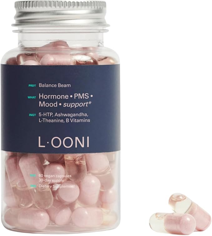 LOONI PMS Relief Balance Beam Supplement for Women – Hormone Balance for Menopause B12 Omega-6 Zinc &amp Nootropics – Supports Mood Swings Cramps Cravings – 60 Vegan Capsules