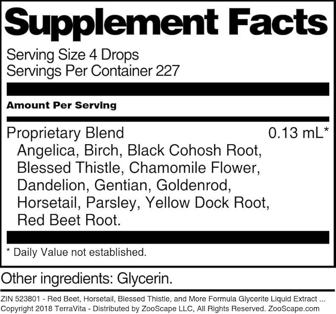 Terravita Red Beet Horsetail Blessed Thistle and More Formula Glycerite Liquid Extract (1:5) - No Flavor (1 oz ZIN: 523801)