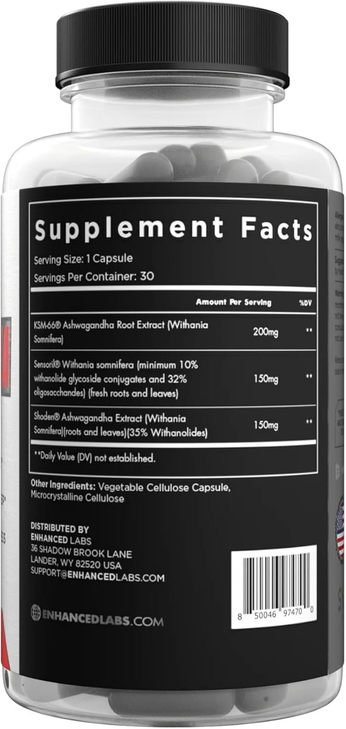 Enhanced Labs Ashwagandha Capsules with Sensoril Ashwagandha KSM-66 &amp Shoden - 30 Capsules