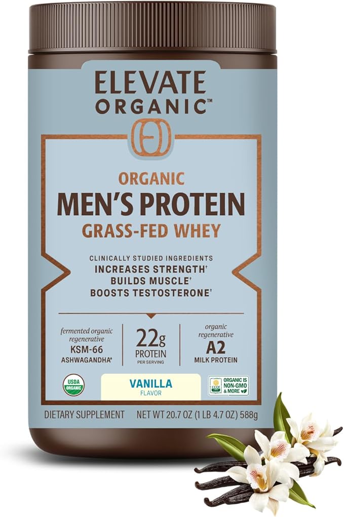 Men’s Whey Protein Powder Vanilla Grass Fed A2 Regenerative Whey with KSM-66 Ashwagandha® &amp Acti Veda™ (22g Protein)
