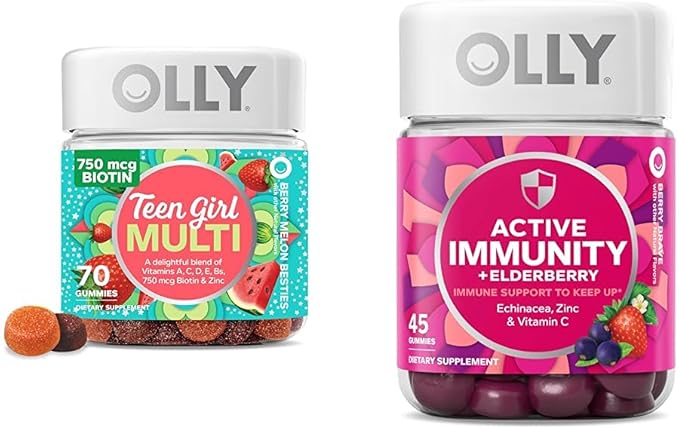OLLY Teen Girl Multi Gummy Healthy Skin and Immune Support 15 Essential Vitamins 70 Count Gummy Active Immunity+Elderberry 45 Gummies Berry Flavor