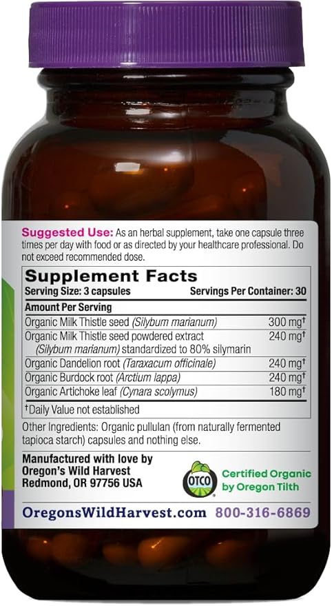 Oregon's Wild Harvest Certified Organic Milk Thistle Dandelion Capsules Liver Support Extract Standardized to 80% Silymarin 90 Count