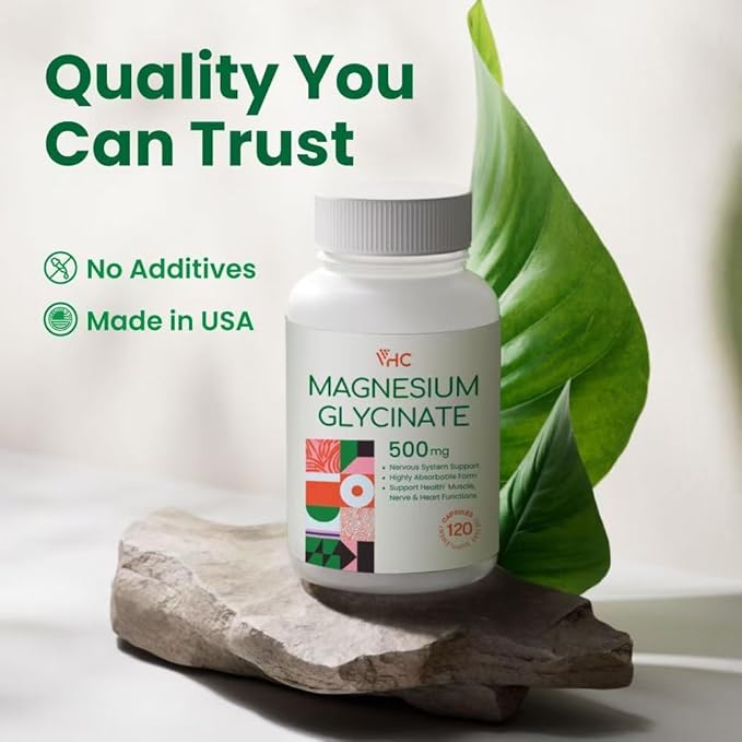 Magnesium Glycinate 500mg Supplement Capsules High Absorption- Gentle FormHighly Purified Magnesium Mineral Supplements for Women &amp Men Made in USA (2 Bottles)