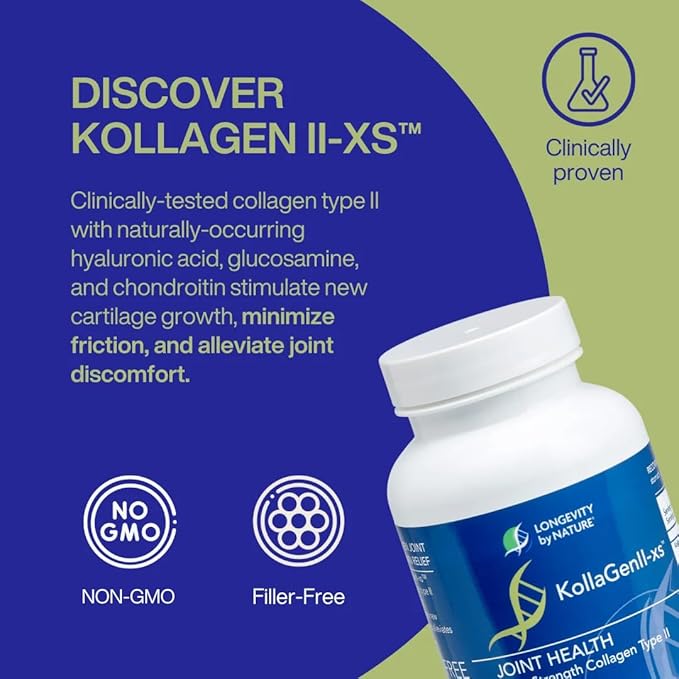 Longevity by Nature Extra Strength KollaGen II-XS- Collagen Type II with Hyaluronic Acid Chondroitin and Glucosamine – Joint Support 120 Capsules.