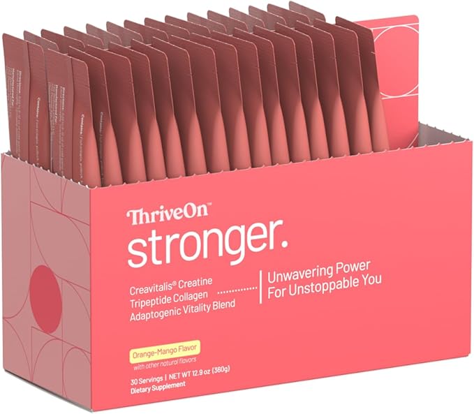 ThriveOn Stronger - Women's Creatine &amp Collagen Supplement for Midlife Support - Bone Muscle Cognitive &amp Energy Support* - Gluten-Free &amp Dairy-Free - Orange-Mango Flavor - 30 Count (30 S
