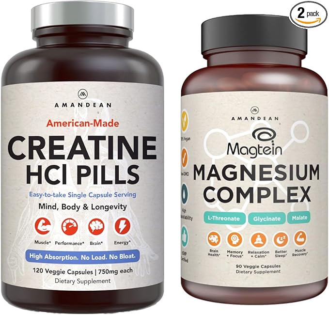 AMANDEAN Magnesium Complex &amp Premium Creatine HCl Bundle. Branded &amp Studied. USA-Made CON-CRET. High-Absorption Magnesium Threonate Glycinate &amp Malate. Lean Muscle. Energy. Cognition Mem